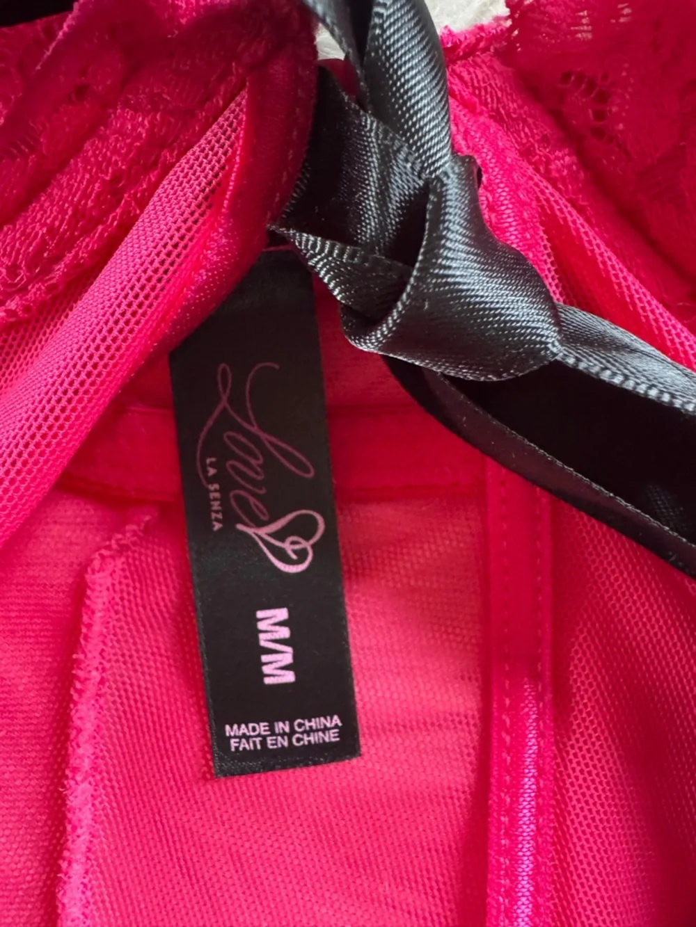 LA SENZA pink lace and chiffon babydoll lingerie with black ribbon size M - Picture 6 of 8